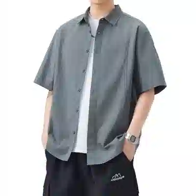 帝狼牛 美式高街基础款纯色简约垂感百搭休闲宽松通勤薄款短袖衬衫 男女同款