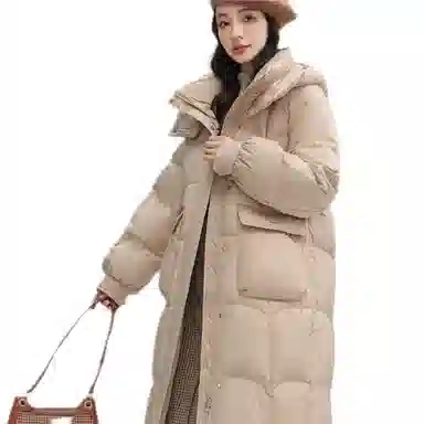鸭鸭 连帽长款纯色宽松羽绒服 女款