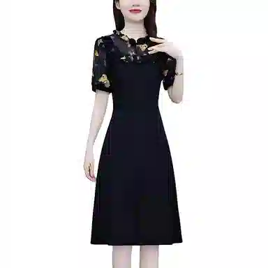 水中花 气质韩版显瘦时尚收腰裙子中年妈妈短袖连衣裙 女款