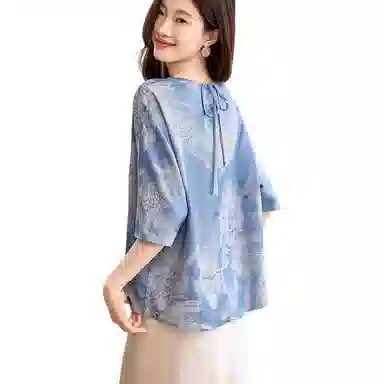 曲韩 复古印花圆领五分袖衬衫 女款