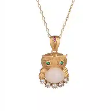 彤彤兔 宫廷风复古猫头鹰镀金吊坠磨砂工艺 铜 人工宝石 项链 女款