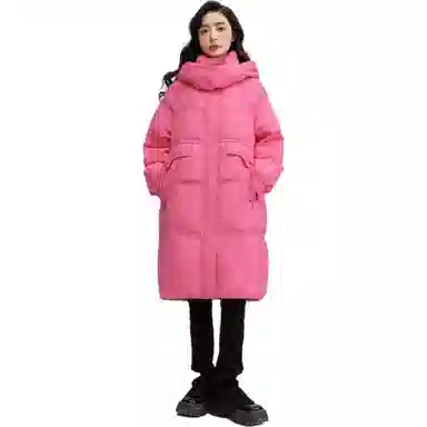 鸭鸭 纯色连帽口袋中长款休闲长袖羽绒服 女款