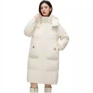 鸭鸭 纯色连帽口袋中长款长袖羽绒服 女款