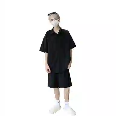哲源 简约美式基础翻领纯色学院风宽松中腰系带五分裤休闲短袖衬衫套装 男女同款