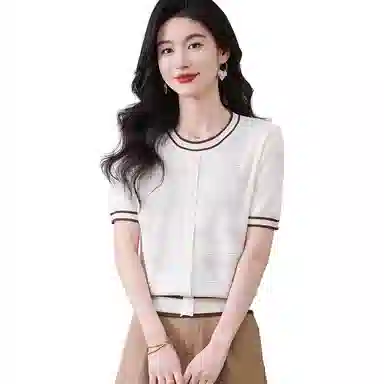 曲韩 提花气质爱心短袖圆领针织衫 女款