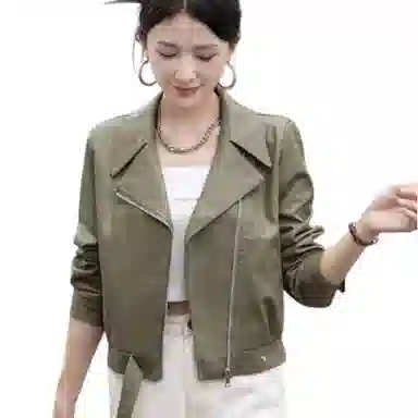 桴生 韩系炸街西装领拉链翻领短款合身简约长袖皮衣 女款