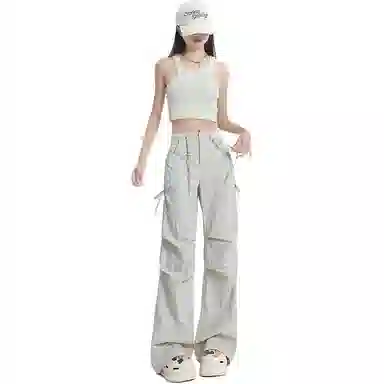 么宁 快速干长裤松紧抽绳高腰阔脚小个子高个子工装裤 女款