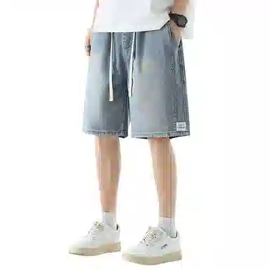 顶峰保罗 无性别主义潮牌宽松水洗做旧中裤美式高街直筒五分裤潮流时尚百搭运动系带高级感牛仔短裤 男女同款