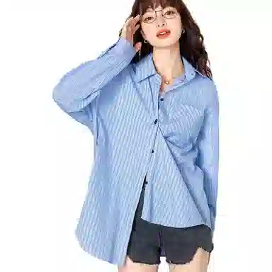 法文箱子 休闲条纹长袖衬衫 女款 蓝白条