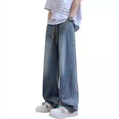 顶峰保罗 撞色抽绳凉感透气美式弯刀直筒长裤复古潮流情侣薄款宽松休闲小众百搭大码阔腿牛仔裤 男女同款