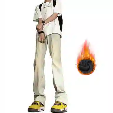 悍戈 美式废土风微喇 个性宽松弹力保暖性街头嘻哈宽松弹力高街百搭中腰垂坠柔软不硬水洗做旧黄泥染工装保暖加绒牛仔裤 男女同款