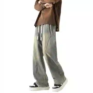 布客行 美式高街潮牌复古水洗渐变做旧拼接宽松直筒垂感抽绳休闲牛仔裤 男女同款