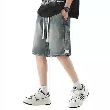 顶峰保罗 无性别主义潮牌宽松水洗做旧中裤美式高街直筒五分裤潮流时尚百搭运动系带高级感牛仔短裤 男女同款