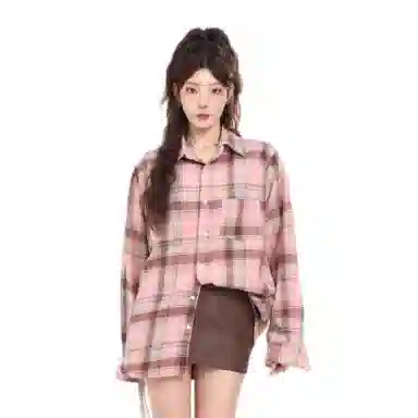 柏黛妃 美式百搭复古格子长袖衬衫 女款