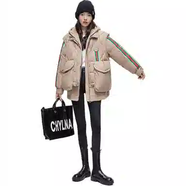 鸭鸭 条纹连帽拉链长袖羽绒服 女款