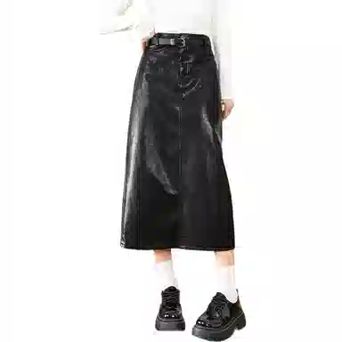 法文箱子 纯色高腰开叉包臀皮长裙 女款