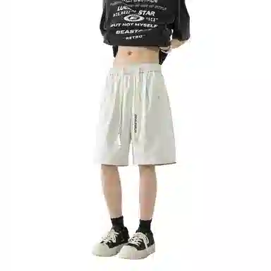 敦煌博物馆 美式高街抽绳系带刺绣简约百搭基础款日常运动纯色透气大码垂感铆钉直筒五分休闲短裤 男女同款