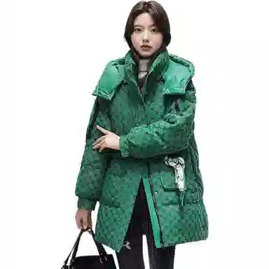 鸭鸭 格子印花宽松连帽中长款羽绒服 女款