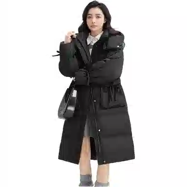 鸭鸭 纯色口袋连帽中长款长袖羽绒服 女款
