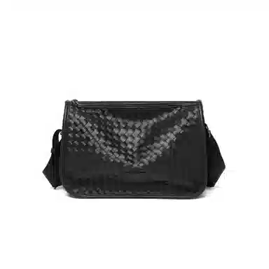 老人头 简约休闲时尚编织拉链开合通勤百搭 合成革 单肩斜挎包 男款 黑色