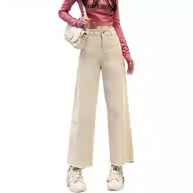 法文箱子 高腰拉链阔腿牛仔裤 女款