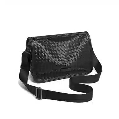 老人头 简约休闲时尚编织拉链开合通勤百搭 合成革 单肩斜挎包 男款 黑色