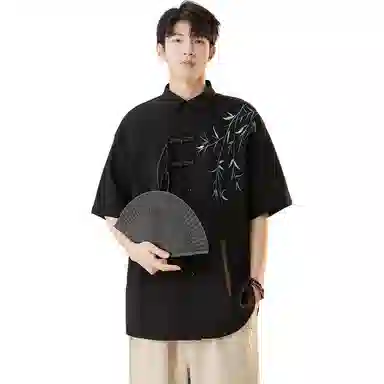 顶峰保罗 新中式竹子盘扣薄款国风宽松百搭无性别主义垂感休闲复古肌理感刺绣痞帅潮牌透气短袖衬衫 男女同款