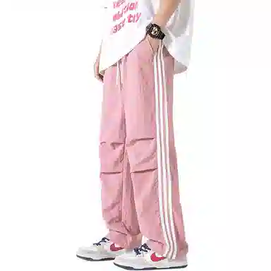 美式侧条纹织带褶皱宽松直筒运动降落伞兵休闲裤 男女同款