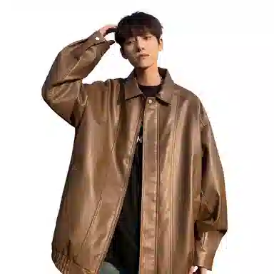 王者荣耀 美式基础款拼接翻领外套复古机车拉链宽松休闲百搭时尚皮衣 男女同款