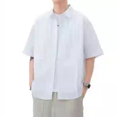 帝狼牛 纯色透气简约翻领轻便舒适时尚纽扣拼接设计感百搭短袖衬衫 男女同款
