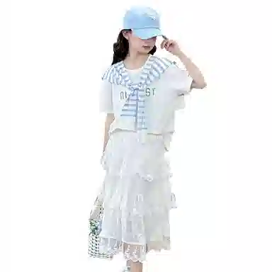 儿童款 迷乐童堡裙装套装 洋气时髦字母条纹披肩短袖套裙两件套