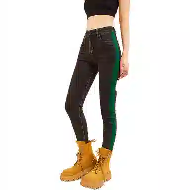 木果果木 高腰修身拼色牛仔裤 女款 黑色