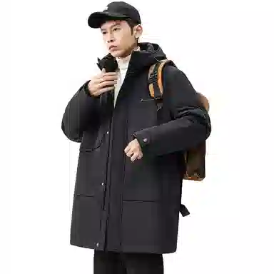 鸭鸭 时尚加厚中长款纯色连帽羽绒服 男款