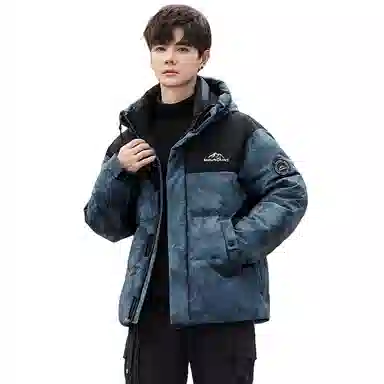 鸭鸭 青年时尚韩版潮流短款连帽户外运动休闲百搭防寒保暖迷彩面包羽绒服 男女同款