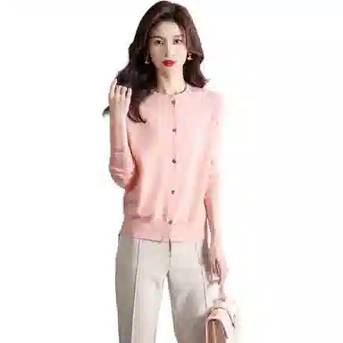 恒源祥 圆领时尚开衫通勤百搭纯色长袖针织衫 女款