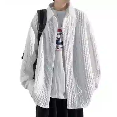 寻星记 美式高街巴洛克立体麻花条纹加绒加厚保暖舒适柔软透气翻领日系袖宽松休闲百搭长袖复古提花凹凸立体设计感痞帅长袖衬衫 男女同款