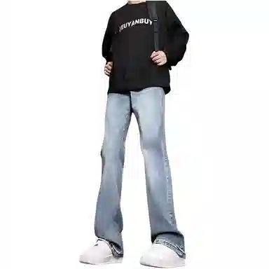 双星八特 加绒加厚保暖长裤美式高街废土风水洗做旧中腰百搭垂感休闲弯刀微喇潮流牛仔裤 男女同款