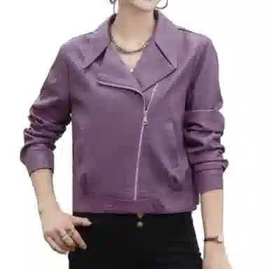 桴生 韩系炸街西装领拉链翻领短款合身简约长袖皮衣 女款