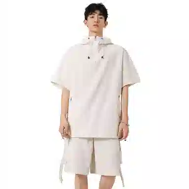 哲源 美式纯色宽松舒适连帽字母短袖工装系带大口袋设计简约基础款大码短裤休闲运动套装 男女同款