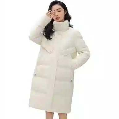 鸭鸭 纯色拉链修身立领中长款羽绒服 女款