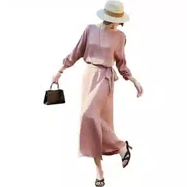 【dme】 缎面茶歇裙静奢风围裹式设计感简约圆领通勤系带收腰七分袖长袖连衣裙 女款