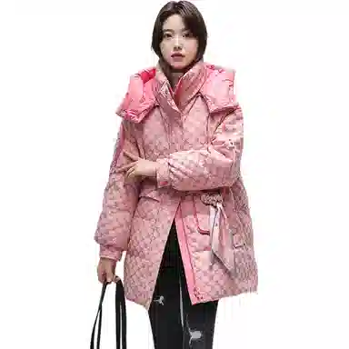 鸭鸭 格子印花宽松连帽中长款羽绒服 女款