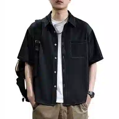遨宇 夏季 美式休闲复古多口袋缉明线重磅牛仔工装短袖衬男五分袖衬衣休闲外套衬衫 宽松型 男女同款