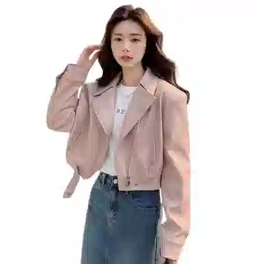 桴生 韩系炸街西装领拉链翻领短款合身简约长袖皮衣 女款