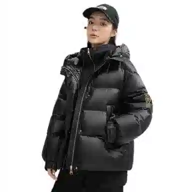 鸭鸭 纯色连帽简约拼接加厚羽绒服 女款 黑金