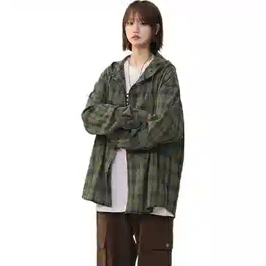 佑麟 美式复古连帽格子衬衫男长袖潮牌情侣泡泡纱衬衣夏季薄款防晒外套上衣 男女同款
