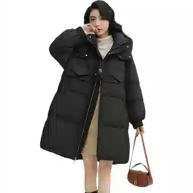鸭鸭 纯色宽松连帽中长款羽绒服 女款 黑色
