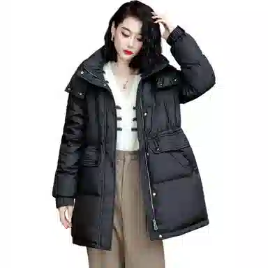 鸭鸭 纯色连帽中长款宽松羽绒服 女款