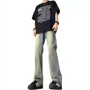 双星八特 加绒加厚保暖长裤美式高街废土风水洗做旧中腰百搭垂感休闲弯刀微喇潮流牛仔裤 男女同款