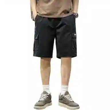 前进牛 美式休闲高街复古潮牌褶皱凉感简约绣标大口纯棉运动休闲中裤宽松直筒大码五分裤工装短裤 男女同款